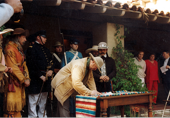 Signing of the Campo de Cahuenga Treaty January 17, 1847. Freemont signing with General Andres Pico